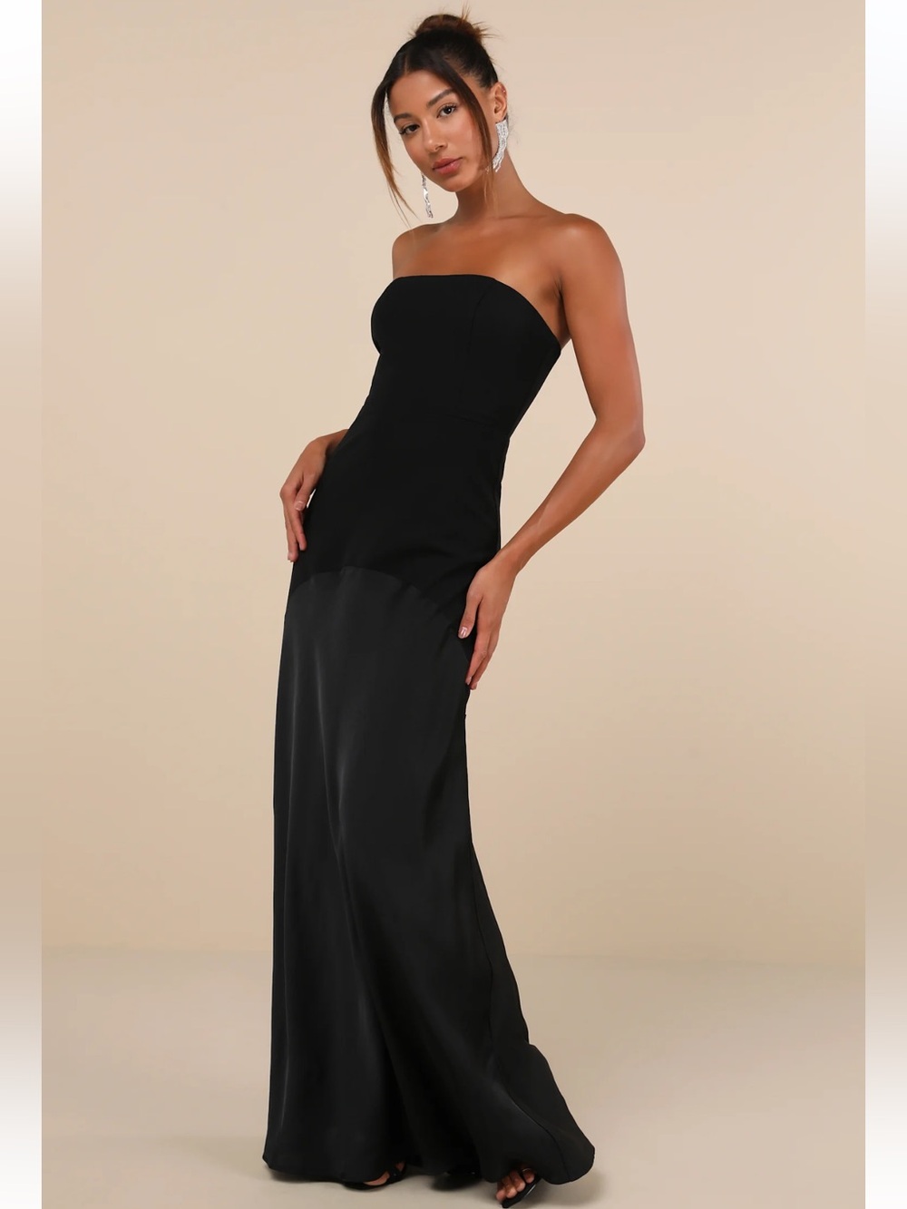 Lulu's Strapless Black Satin Evening Gown